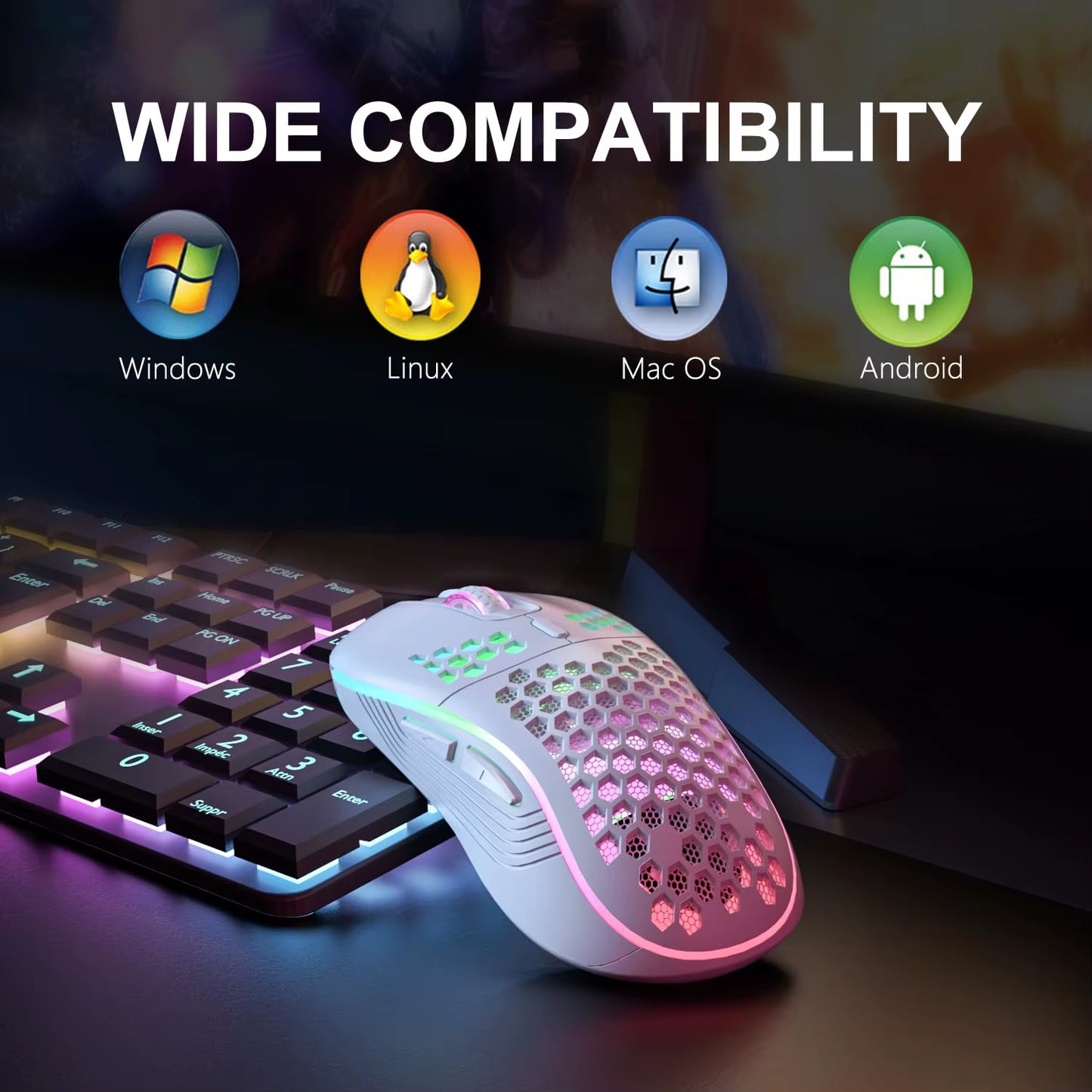 Wireless RGB Backlit Ergonomic Gaming Mouse with 6 Buttons, 3-Speed DPI, Type C Rechargeable, and Honeycomb Design