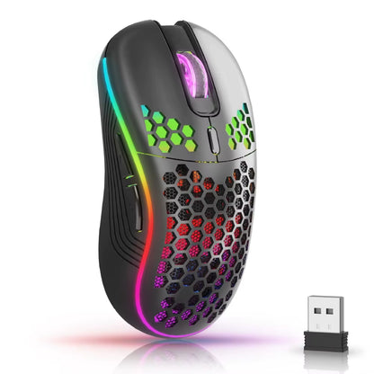 Wireless RGB Backlit Ergonomic Gaming Mouse with 6 Buttons, 3-Speed DPI, Type C Rechargeable, and Honeycomb Design