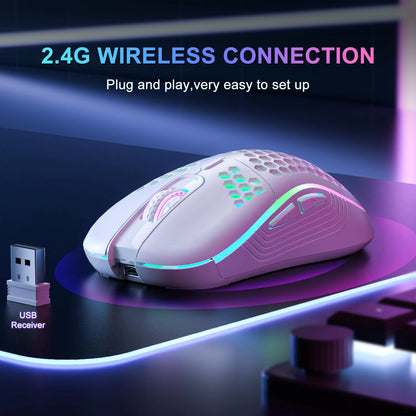 Wireless RGB Backlit Ergonomic Gaming Mouse with 6 Buttons, 3-Speed DPI, Type C Rechargeable, and Honeycomb Design