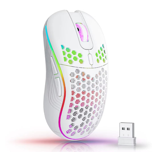 Wireless RGB Backlit Ergonomic Gaming Mouse with 6 Buttons, 3-Speed DPI, Type C Rechargeable, and Honeycomb Design