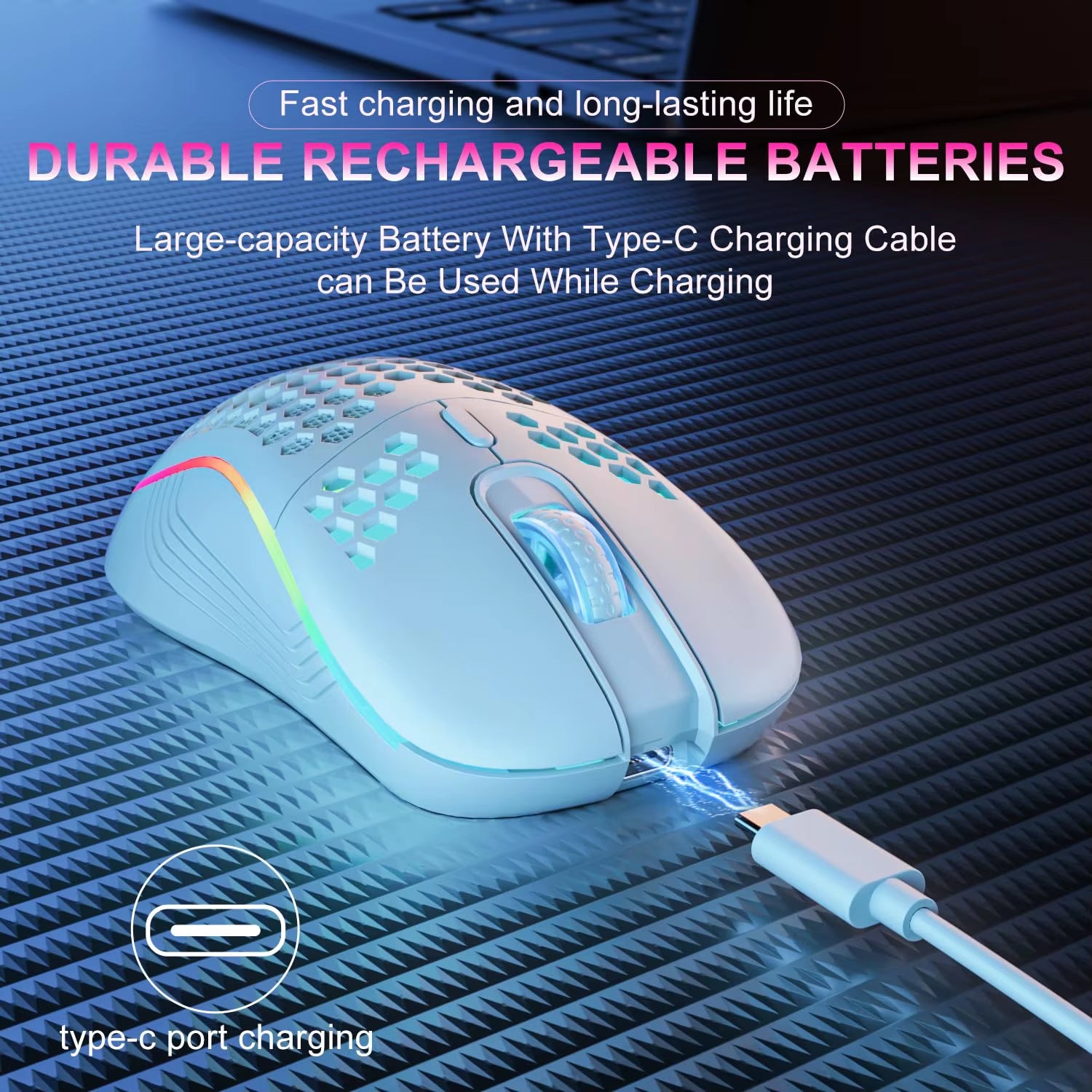 Wireless RGB Backlit Ergonomic Gaming Mouse with 6 Buttons, 3-Speed DPI, Type C Rechargeable, and Honeycomb Design