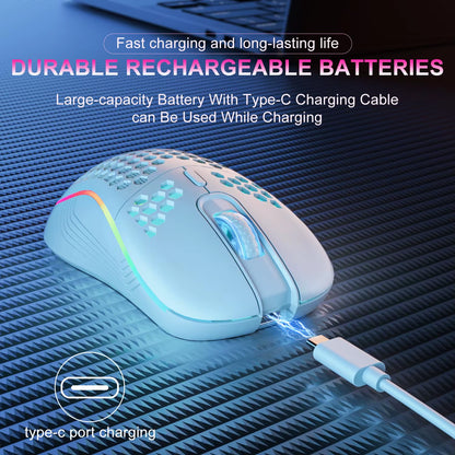 Wireless RGB Backlit Ergonomic Gaming Mouse with 6 Buttons, 3-Speed DPI, Type C Rechargeable, and Honeycomb Design